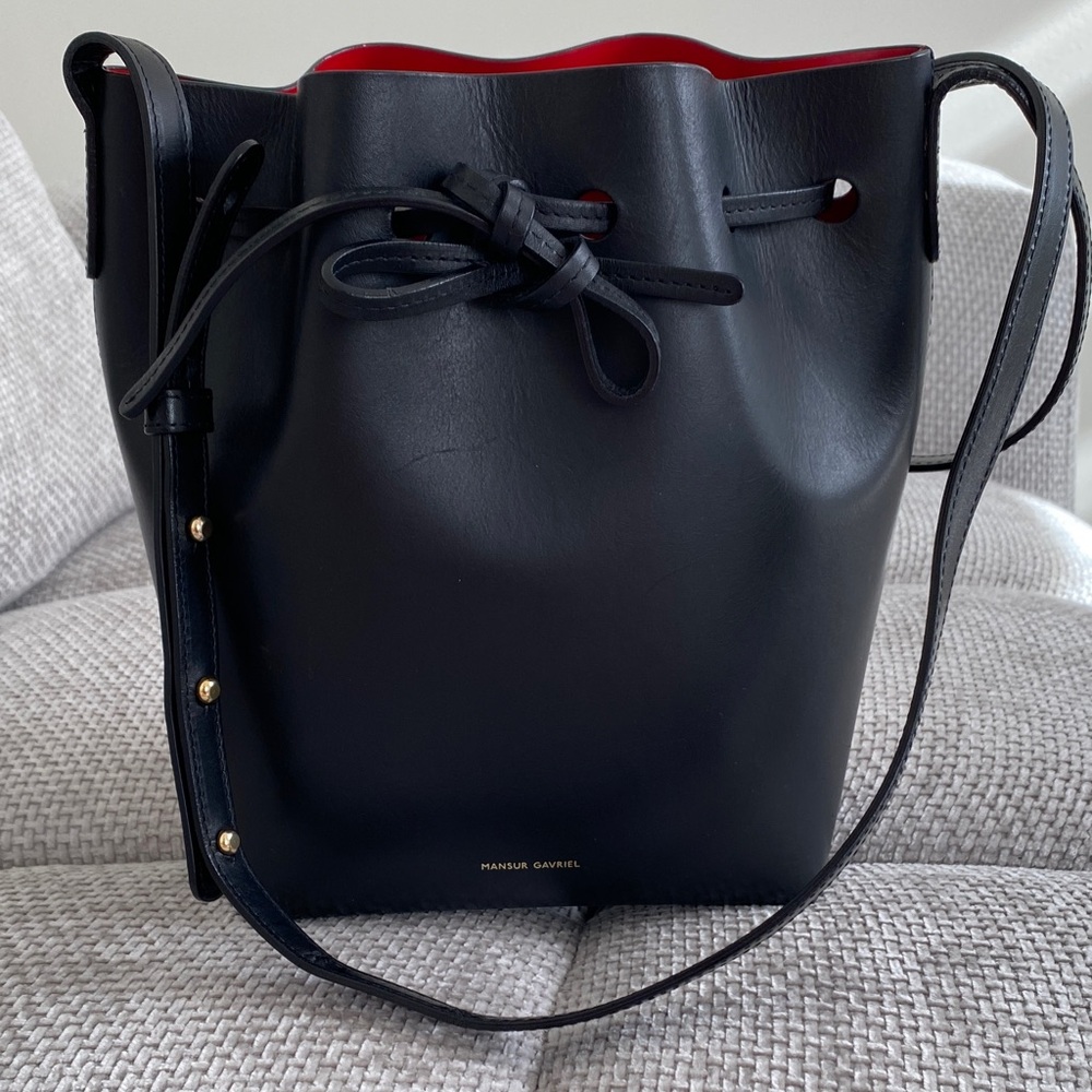 Mansur Gavriel Black Bucket Crossbody with Red Lining